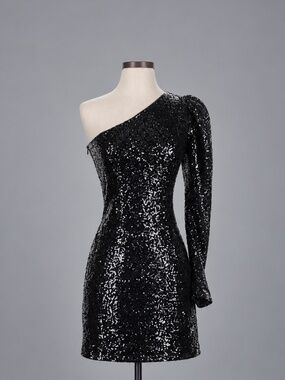 LINI Black Sequin One Shoulder Mini Dress – Size S